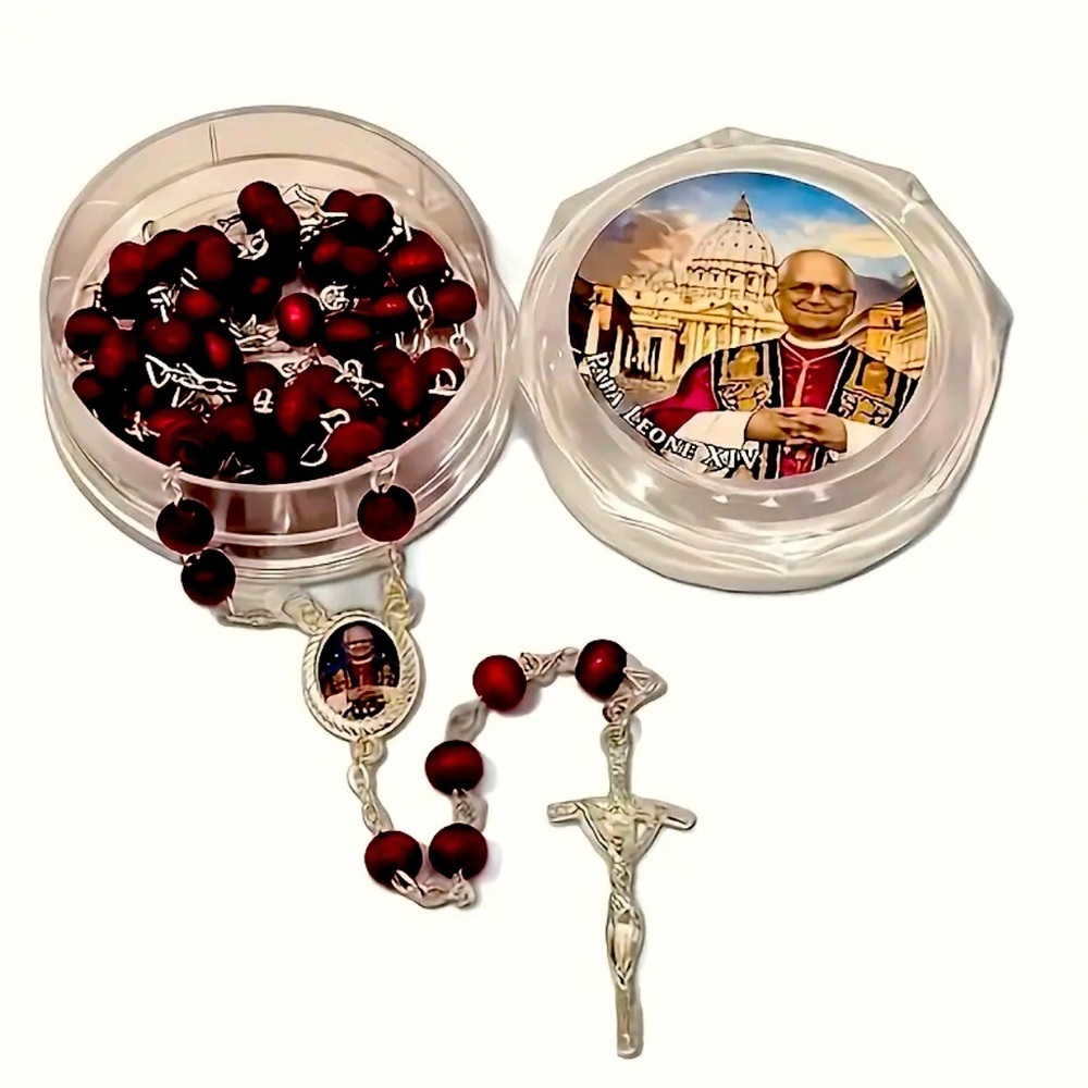 Pope Leo X1V Rose Scented Red Rosary with Silver Cross Catholic Prayer Beads